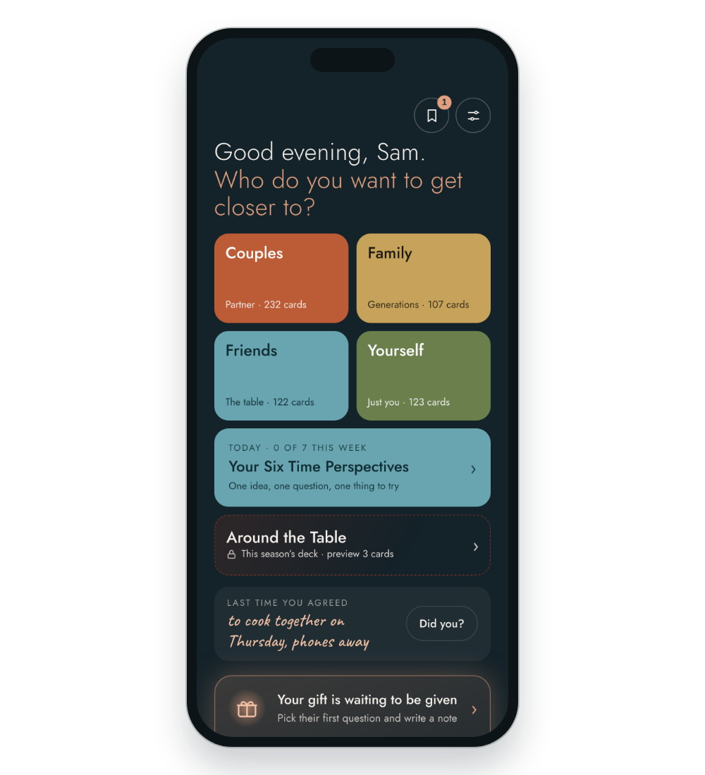 The app home screen with Couples, Family, Friends and Yourself decks